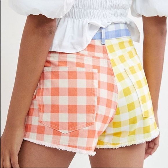 Farm Rio Yellow and Orange Gingham Shorts plaid Anthropologie small gold buttons - Picture 2 of 12